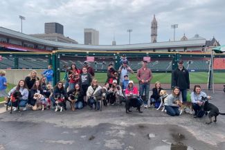 People posing with their dogs at a baseball stadium