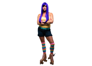 Krystyn poses in her rollerskates and purple wig for the Elevate Salon